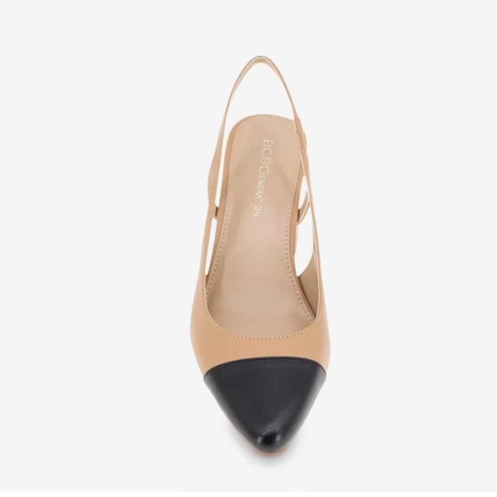BCBGeneration Tan and Black Slingback Heels with Pointed Toe - Picture 2 of 13